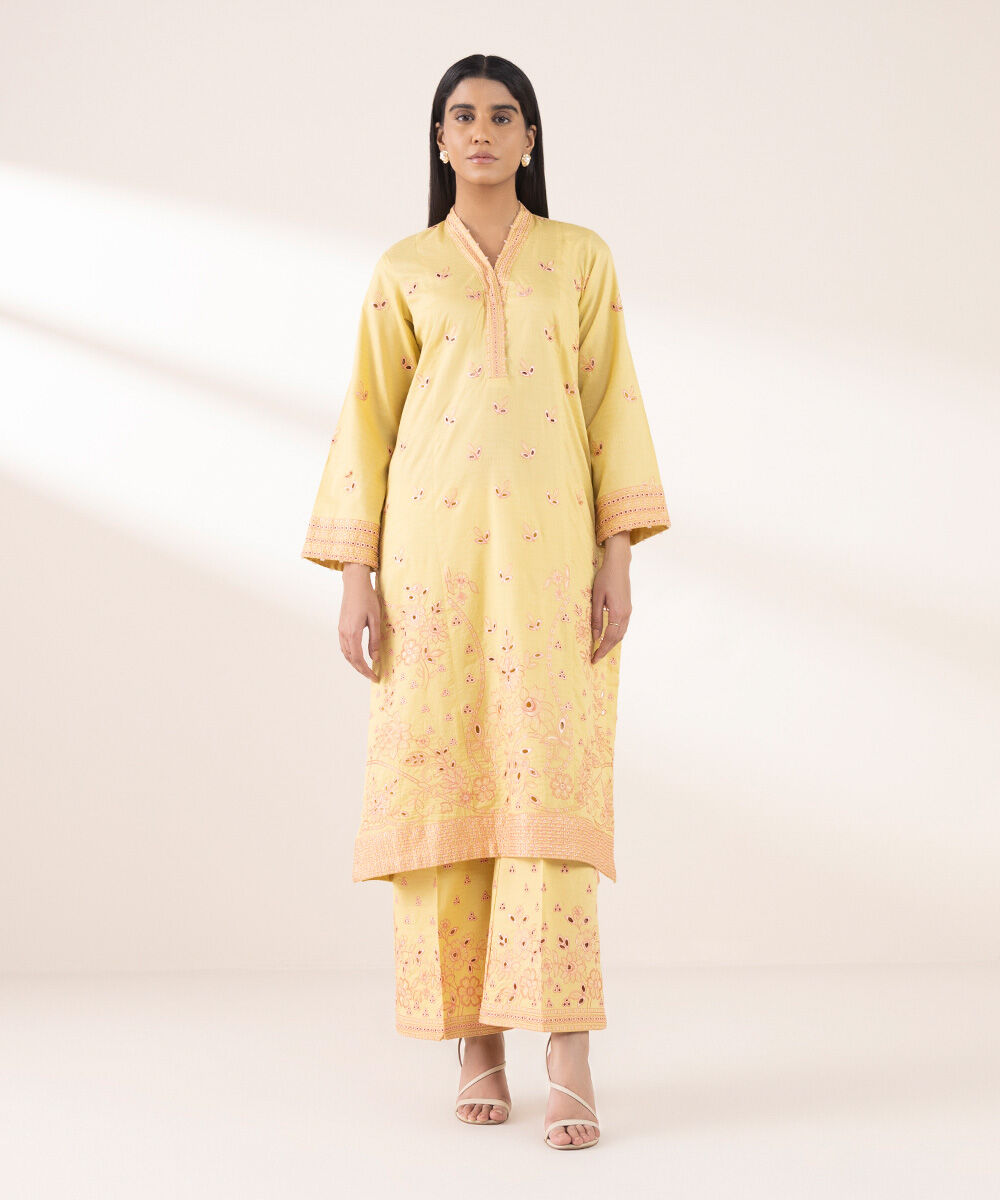 Women's RTW Dobby Yellow Embroidered A-Line Shirt