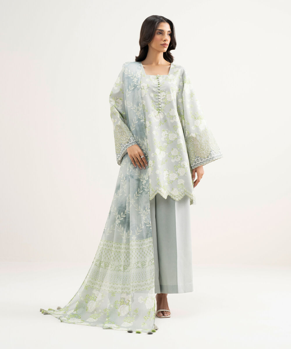 Women's Unstitched Zari Lawn Embroidered Grey 3 Piece Suit