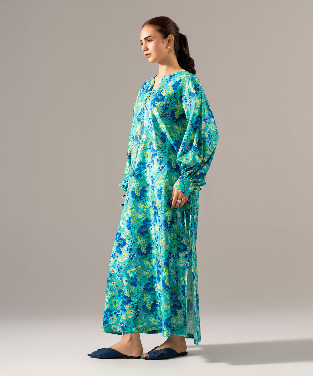 Women's RTW Cotton Viscose Printed Turquoise Dress