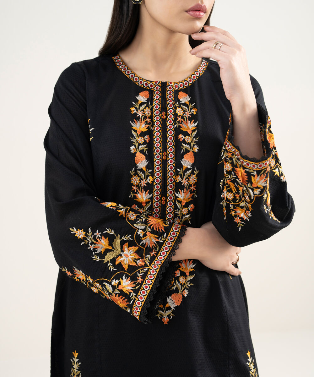 Women's RTW Dobby Embroidered Black A-Line Shirt
