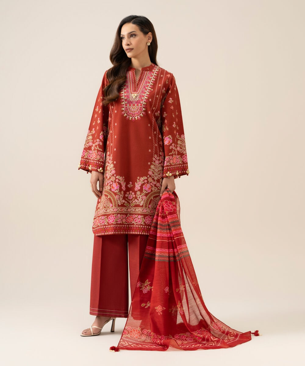 Women's Unstitched Light Khaddar Printed Red 3 Piece Suit