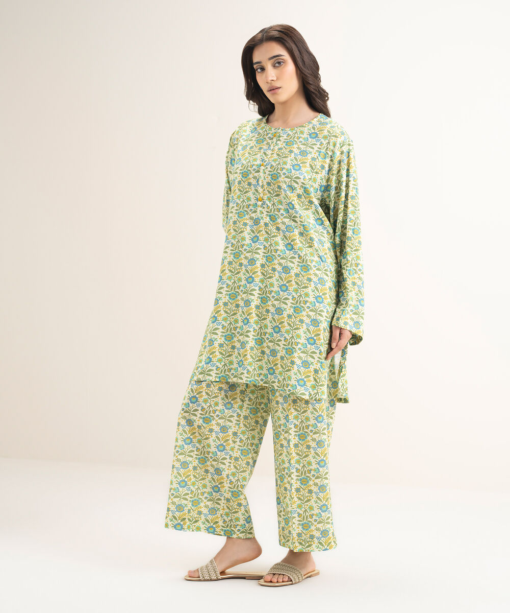 Women's RTW Arabic Lawn Printed Mint Green Boxy Shirt