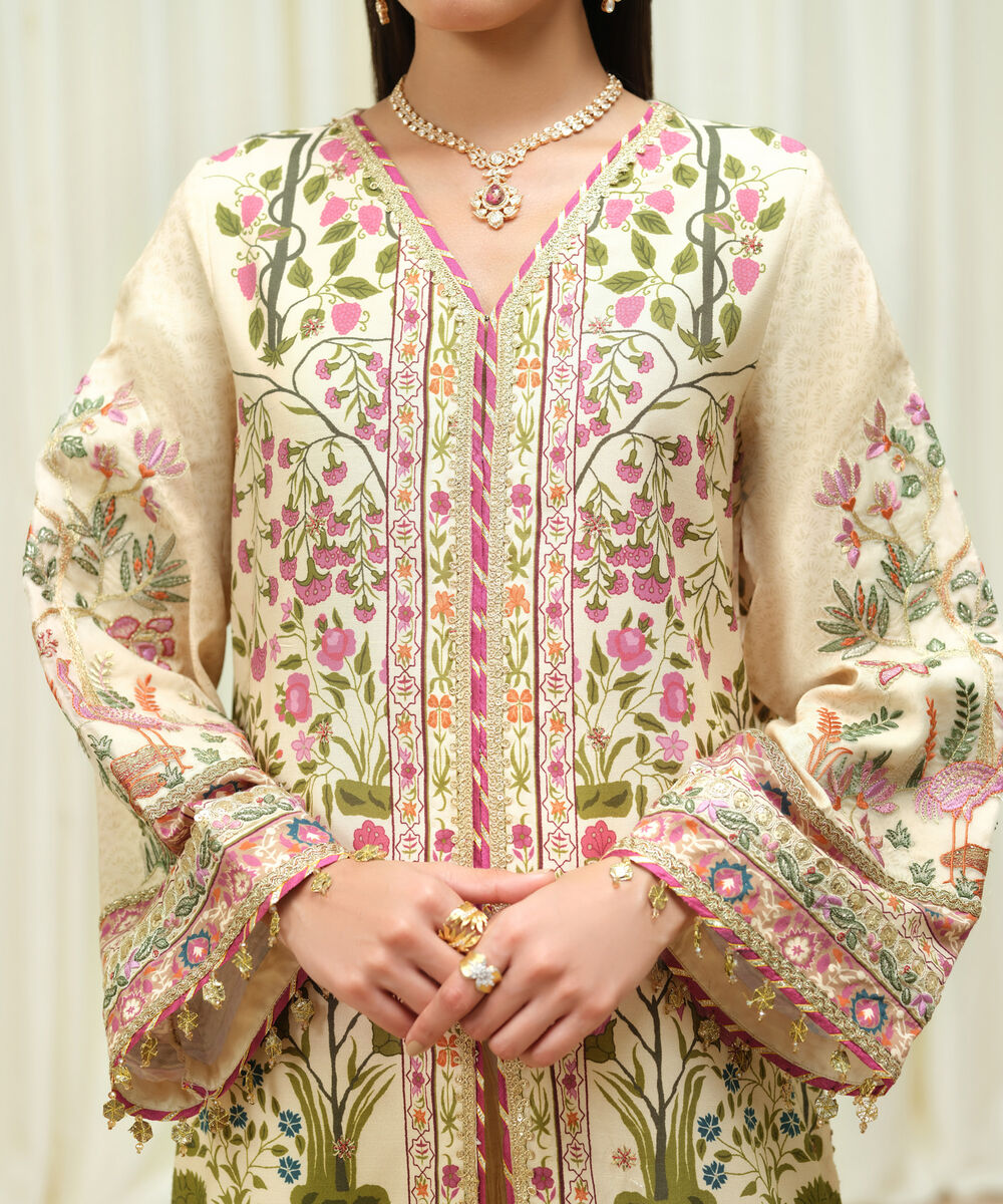 Women's Unstitched Raw Silk Embroidered Multi 3 Piece Suit