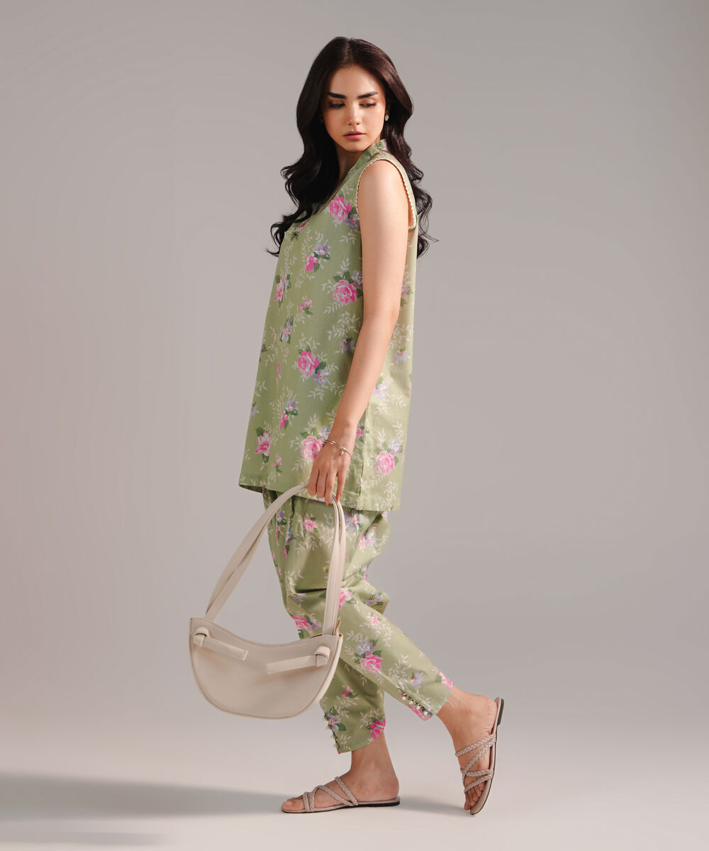 Women's RTW Cambric Printed Green 2 Piece Suit