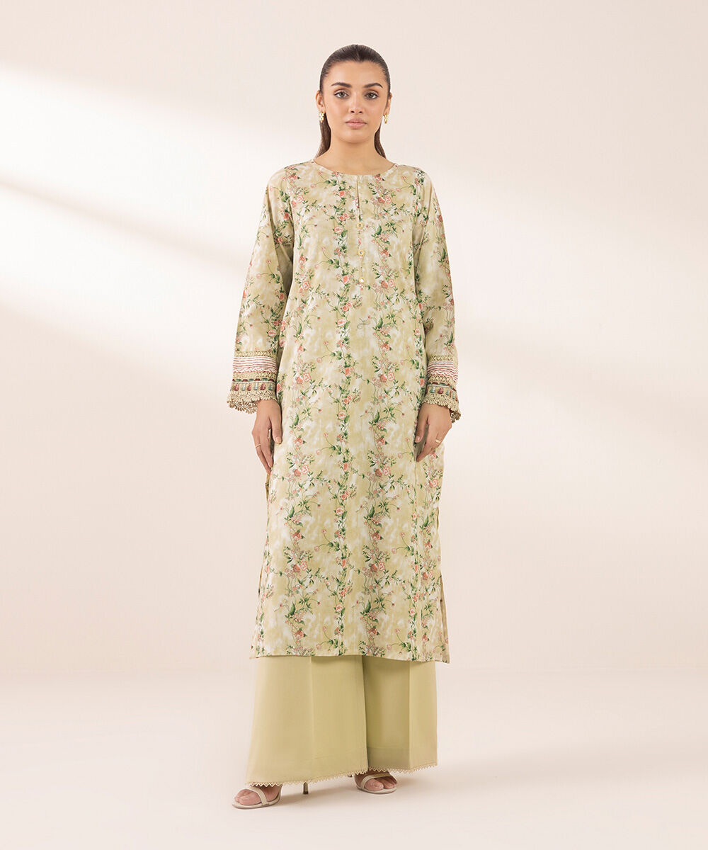 Women's RTW Lawn Beige Printed A-Line Shirt