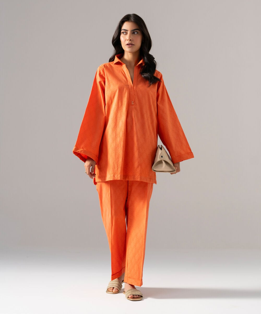 Women's RTW Textured Cotton Solid Orange 2 Piece Suit