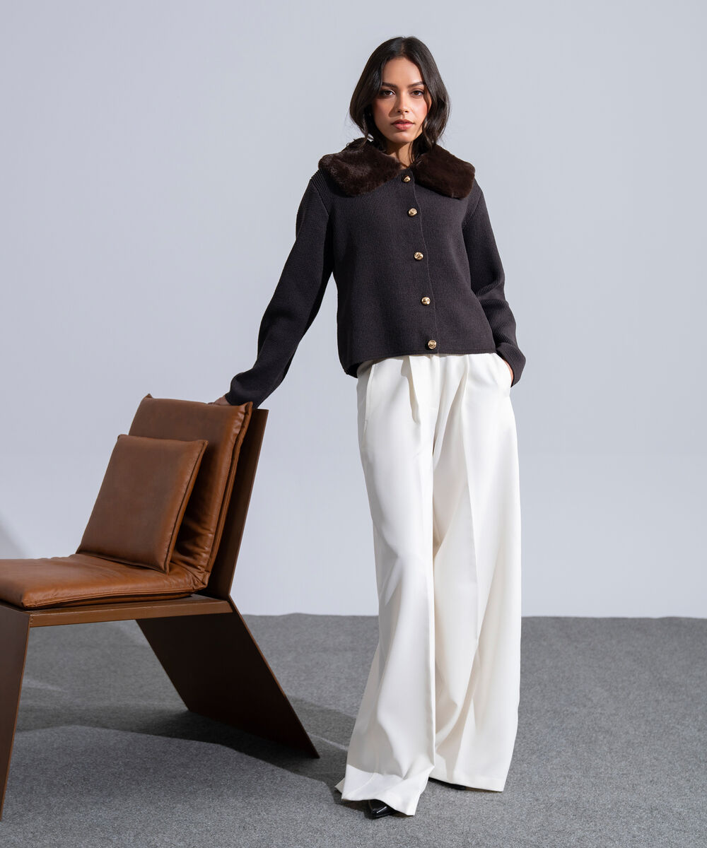Women's Western Wear White Polyester Pleated Wide Leg Trousers