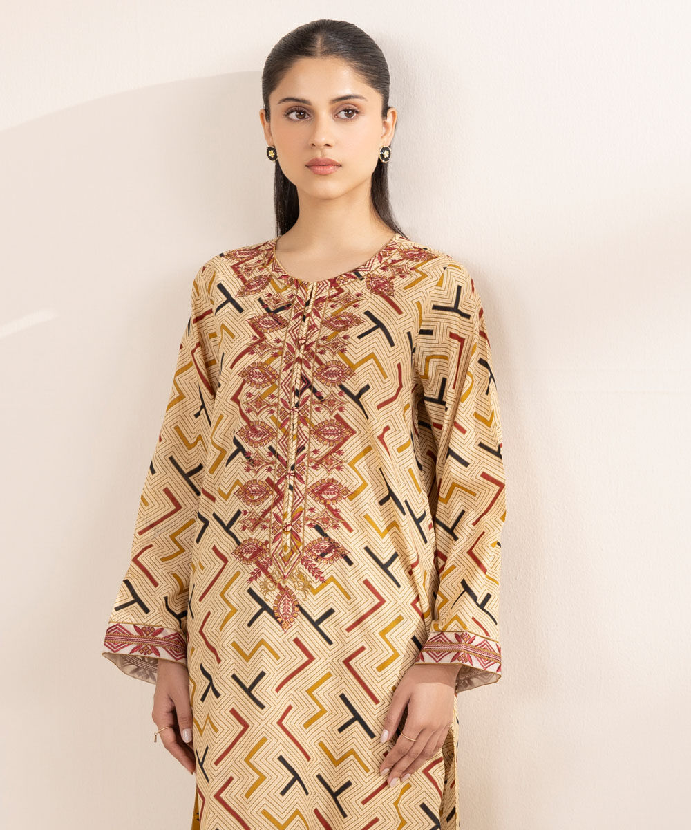 Women's RTW Lawn Beige Embroidered A-Line Shirt