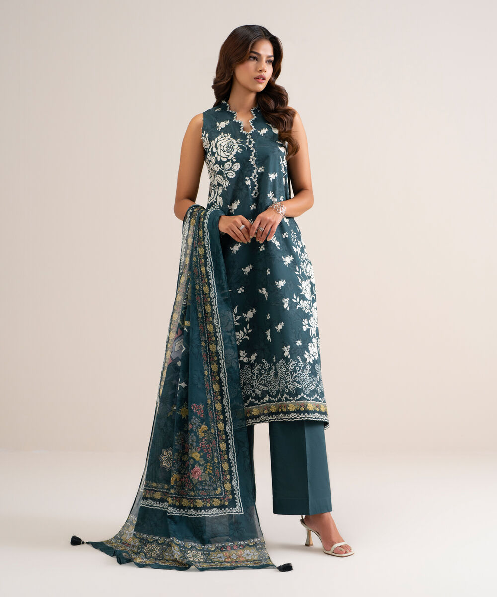 Women's Unstitched Printed Lawn Teal Green 3 Piece Suit