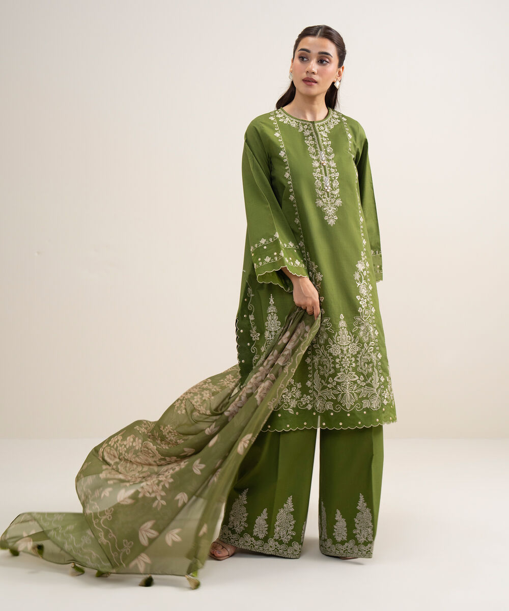 Women's Unstitched Slub Lawn Embroidered Parrot Green 3 Piece Suit