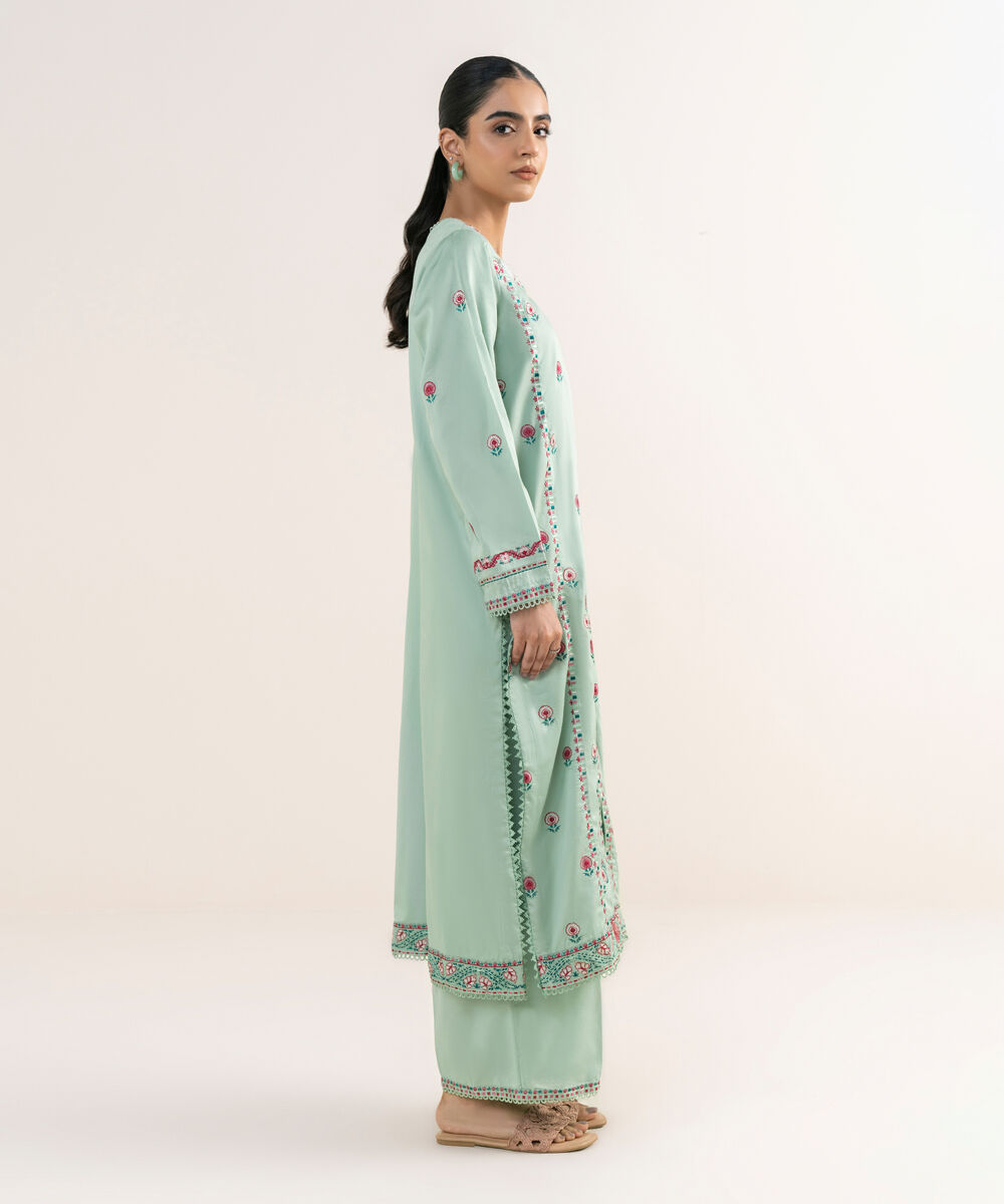 Women's RTW Cotton Satin Green Embroidered A-Line Shirt