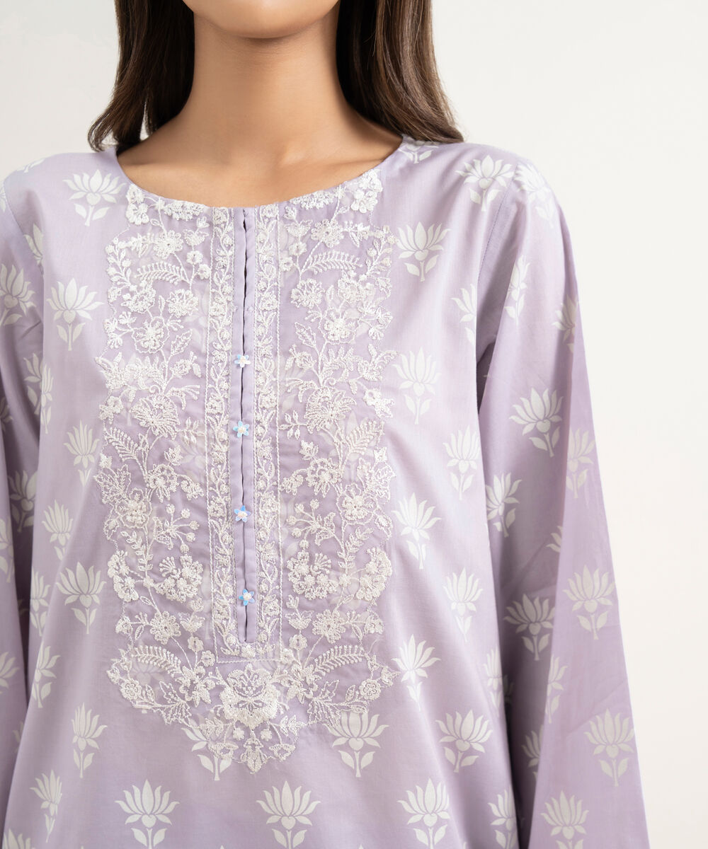 Women's RTW Lawn Embroidered Lilac Straight Shirt