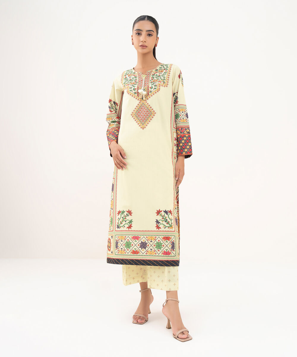 Women's RTW Cambric Beige Printed A-Line Shirt