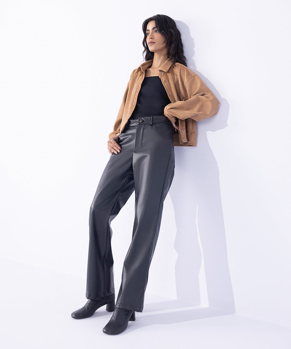 Woman - Black Straight Fit Faux Leather Trousers