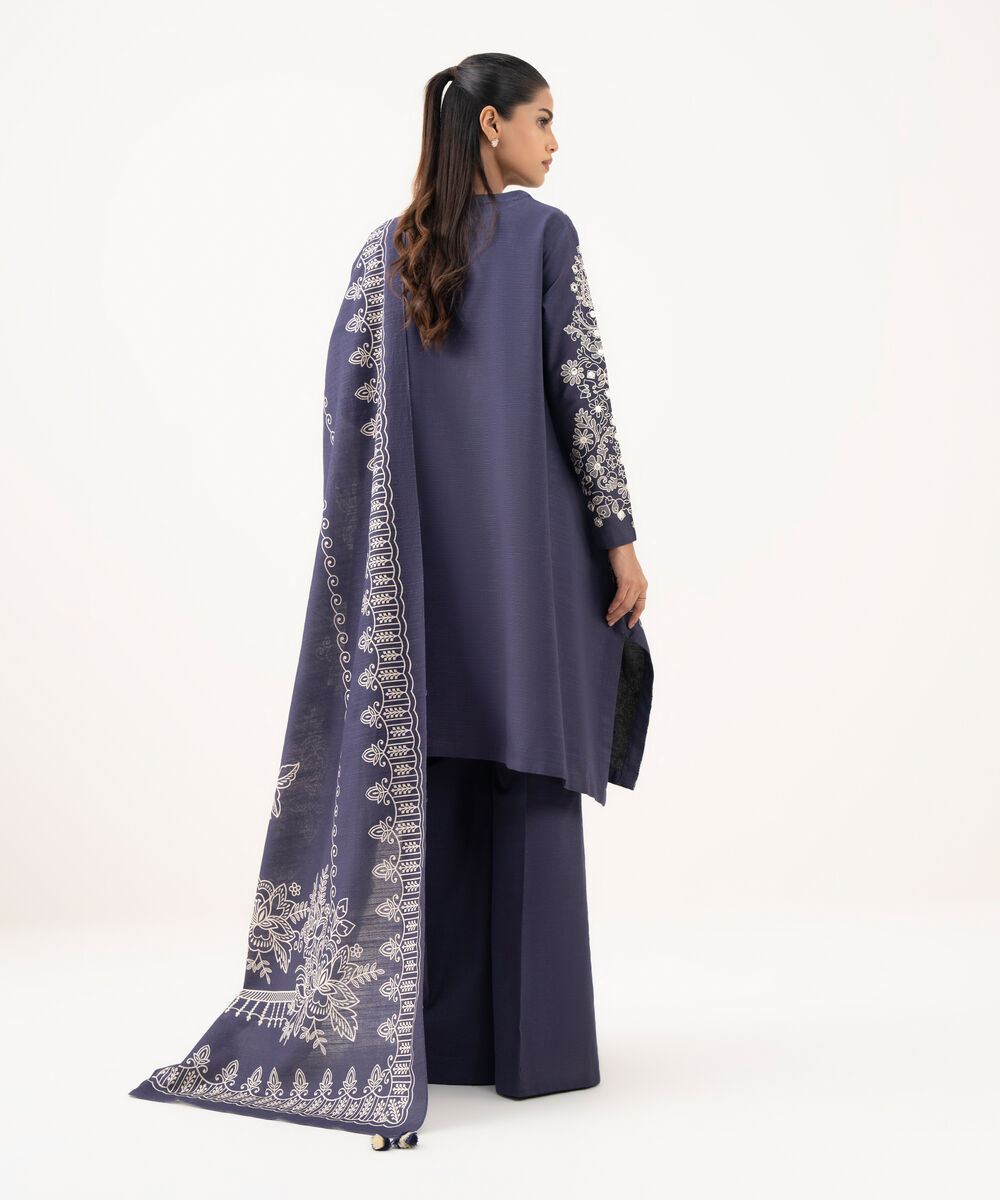 Women's Unstitched Light Khaddar Embroidered Blue 3 Piece Suit