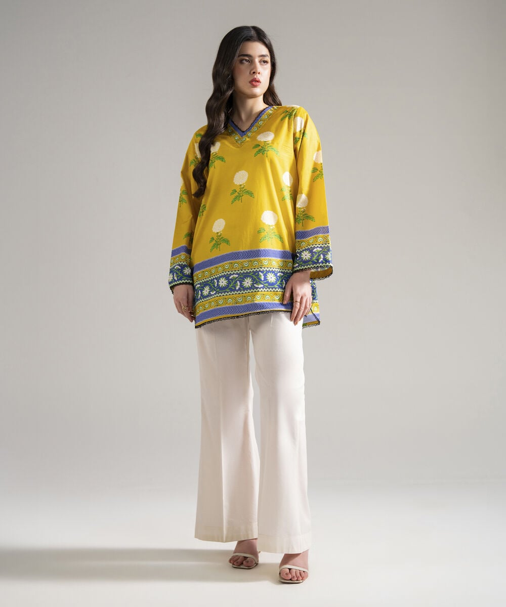 Women's RTW Slub Lawn Printed Mustard Yellow Straight Shirt