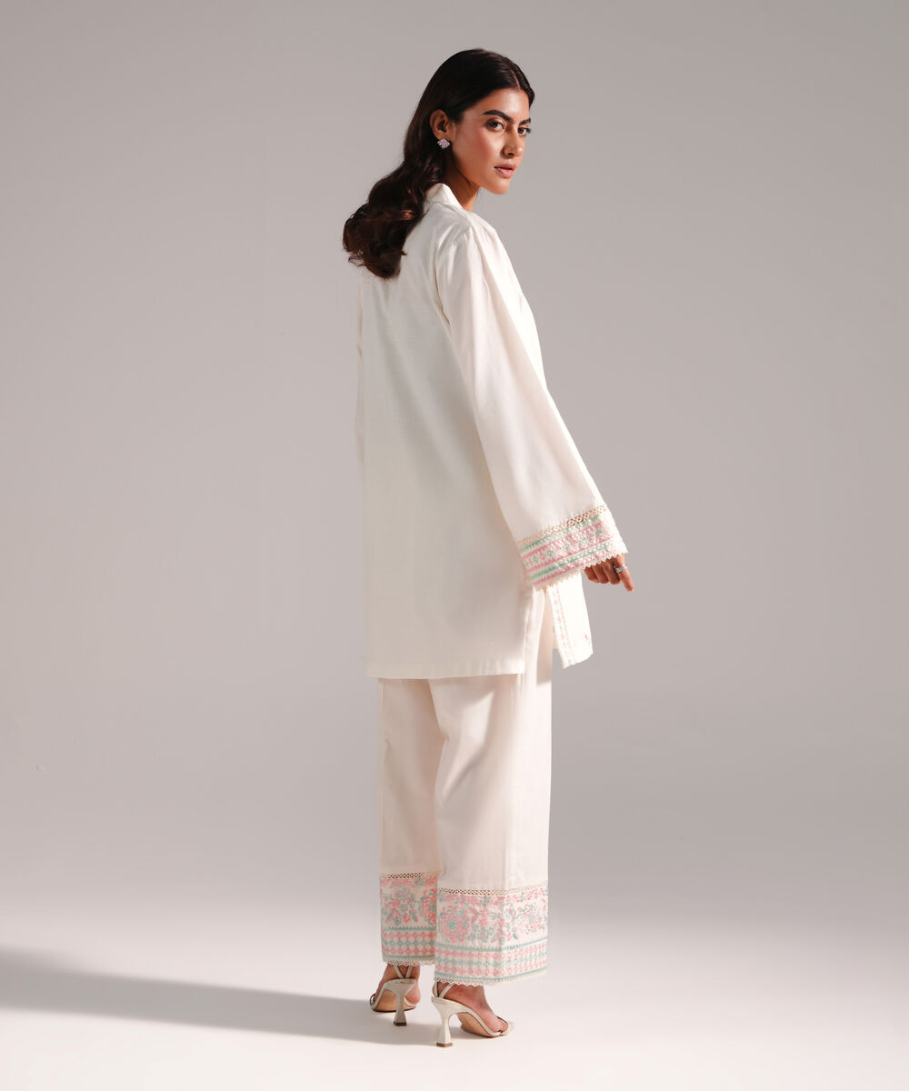 Women's RTW Slub Lawn Embroidered Off White 2 Piece Suit