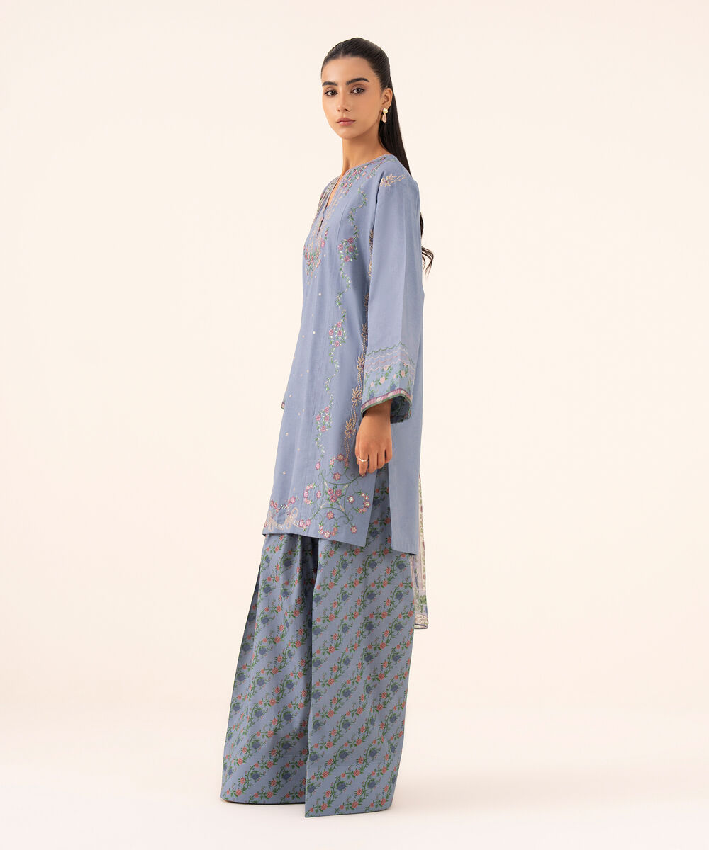 Women's Unstitched Cotton Viscose Embroidered Blue 3 Piece Suit