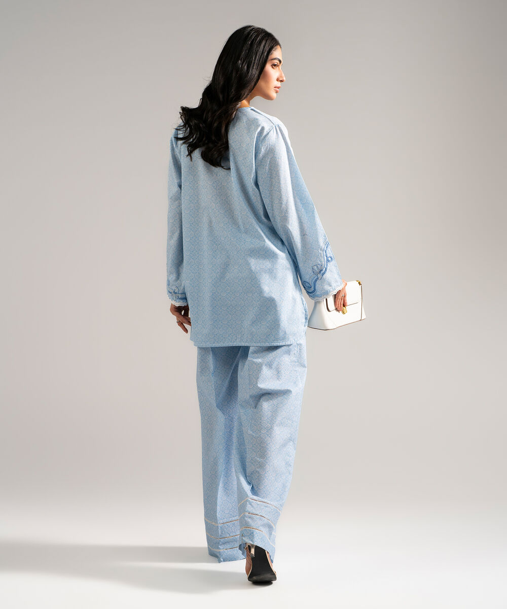 Women's RTW Dobby Embroidered Blue Straight Shirt