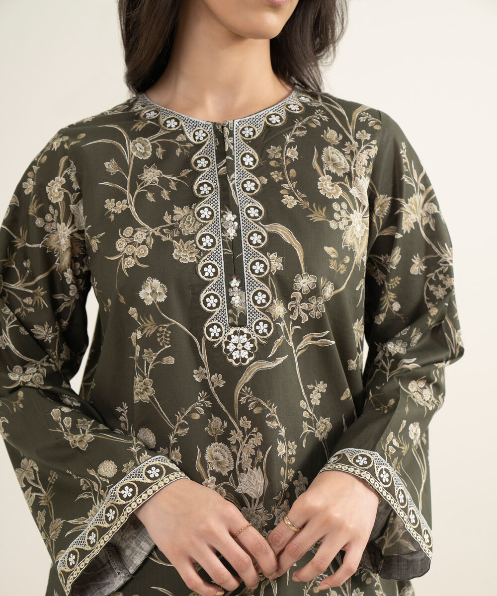 Women's RTW Crosshatch Embroidered Green Straight Shirt