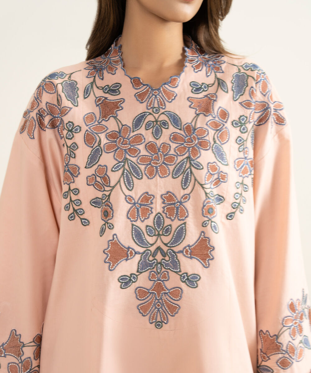 Women's Unstitched Textured Lawn Embroidered Pink 3 Piece Suit