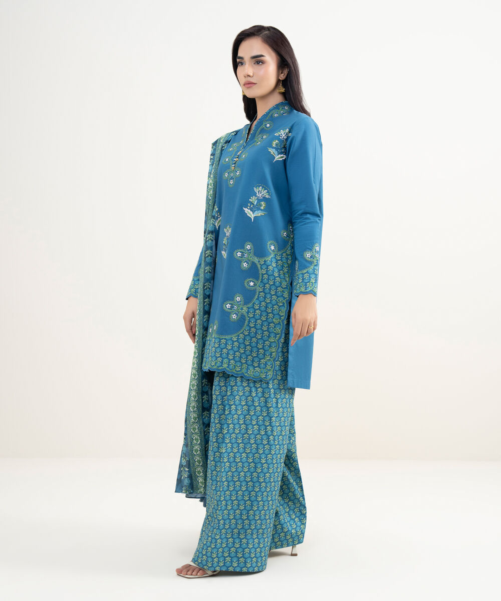 Women's Unstitched Textured Lawn Embroidered Blue 3 Piece Suit