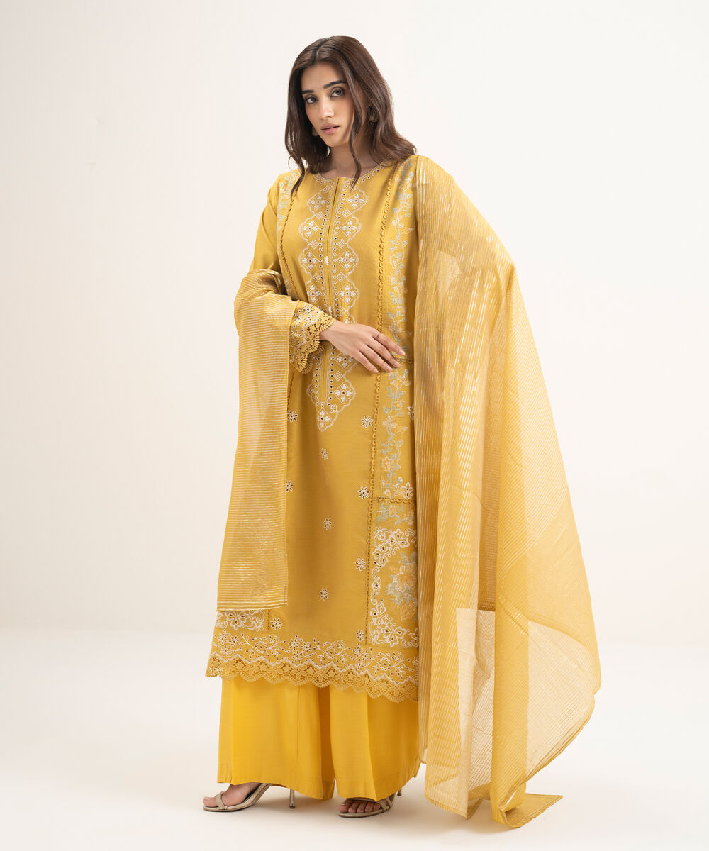 Women's RTW Silk Cotton Net Embroidered Mustard 3 Piece Suit