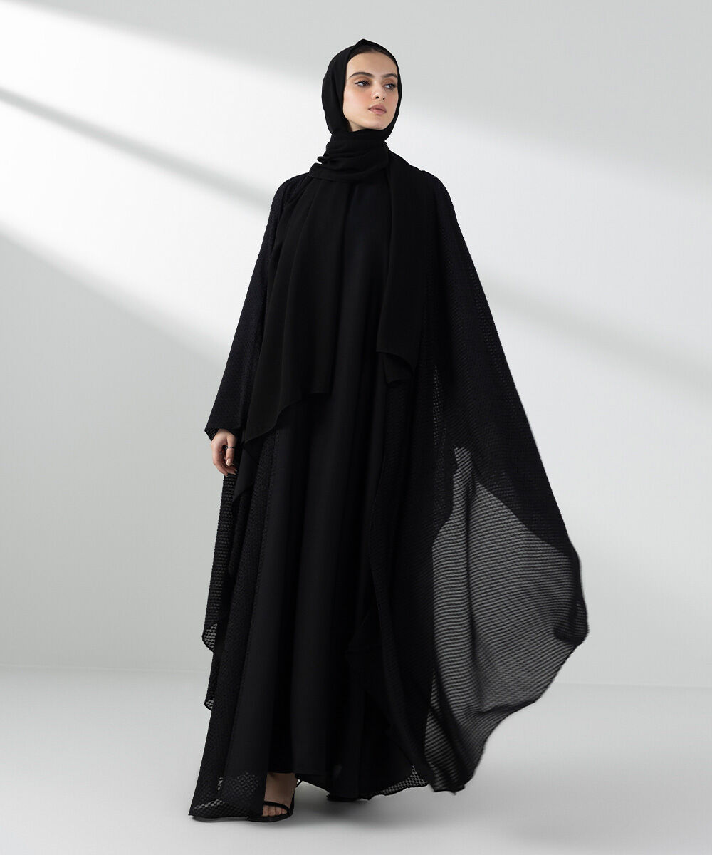 Woman - Black Front Open Cape Abaya Set