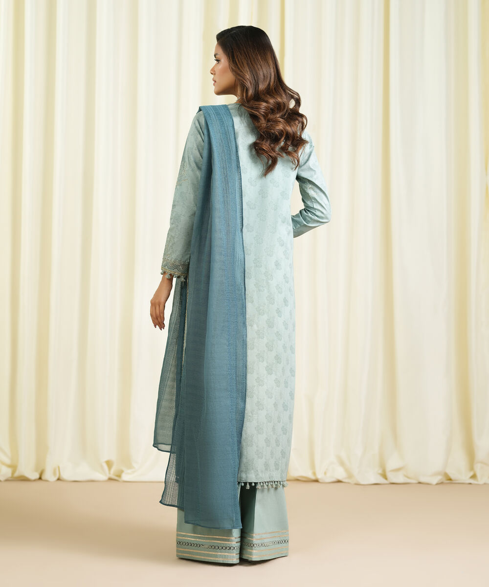 Women's Unstitched Cotton Jacquard Embroidered Blue 3 Piece Suit