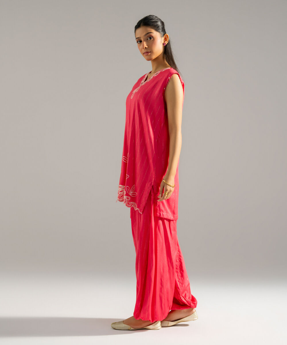 Women's RTW Dobby Crepe Lurix Solid Embroidered Pink Straight Shirt