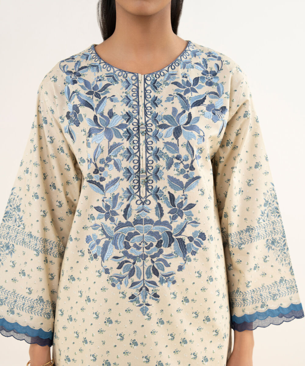 Women's Unstitched Cotton Embroidered Off White 3 Piece Suit