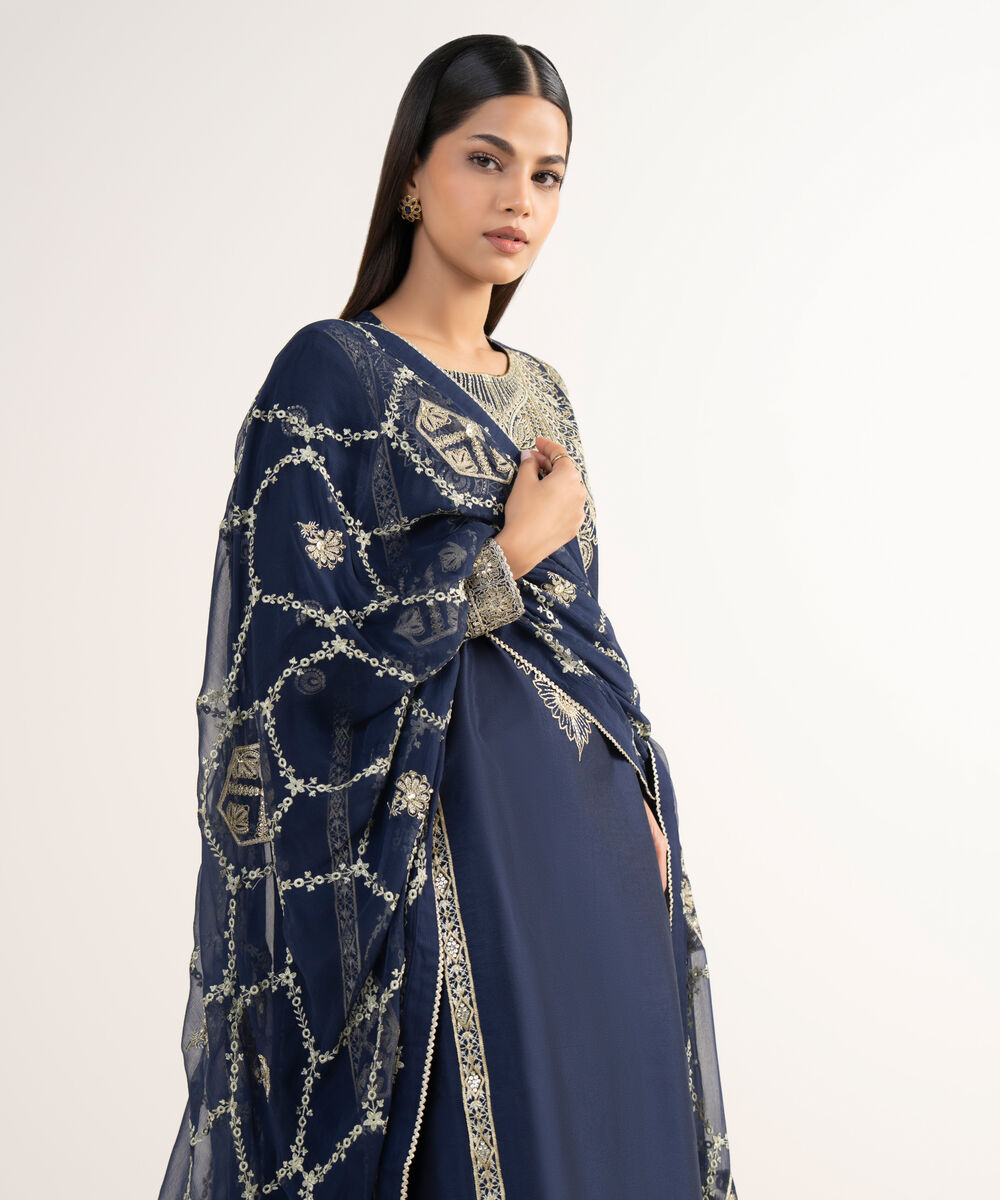 Women's RTW Silk Cotton Net Blue Embroidered 3 Piece Suit