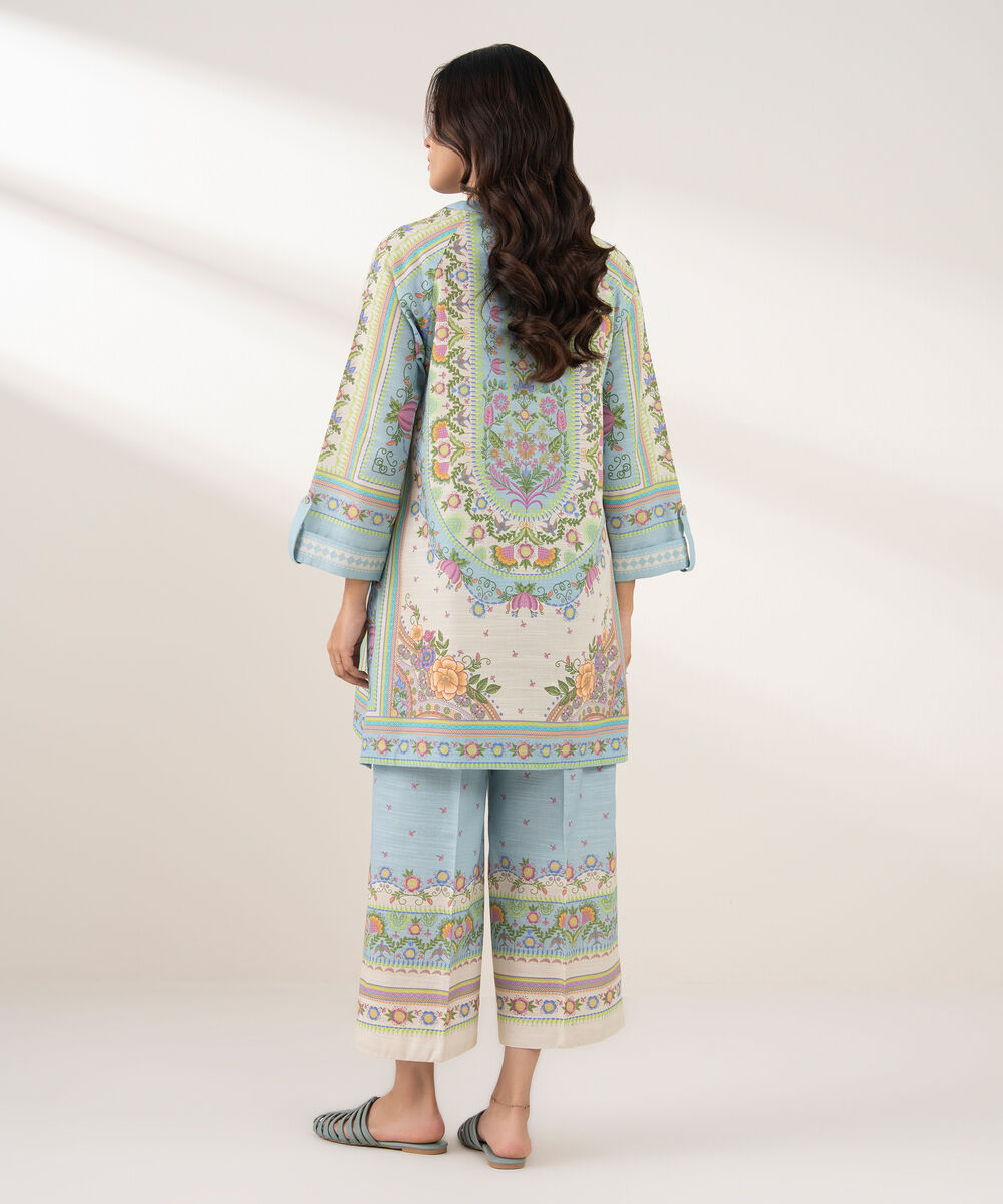 Women's RTW Khaddar Printed Straight Blue Shirt