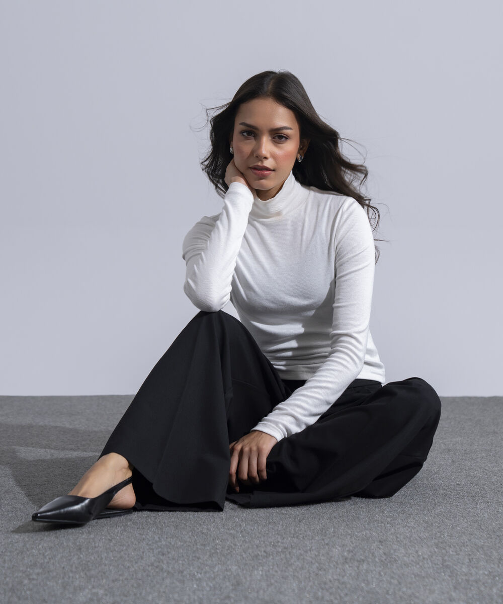Women's Western Wear White Viscose Turtleneck Knit Top
