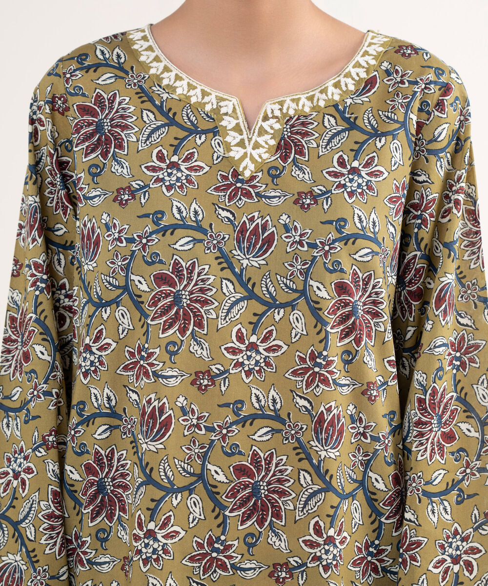 Women's RTW Lawn Green Embroidered Straight Shirt