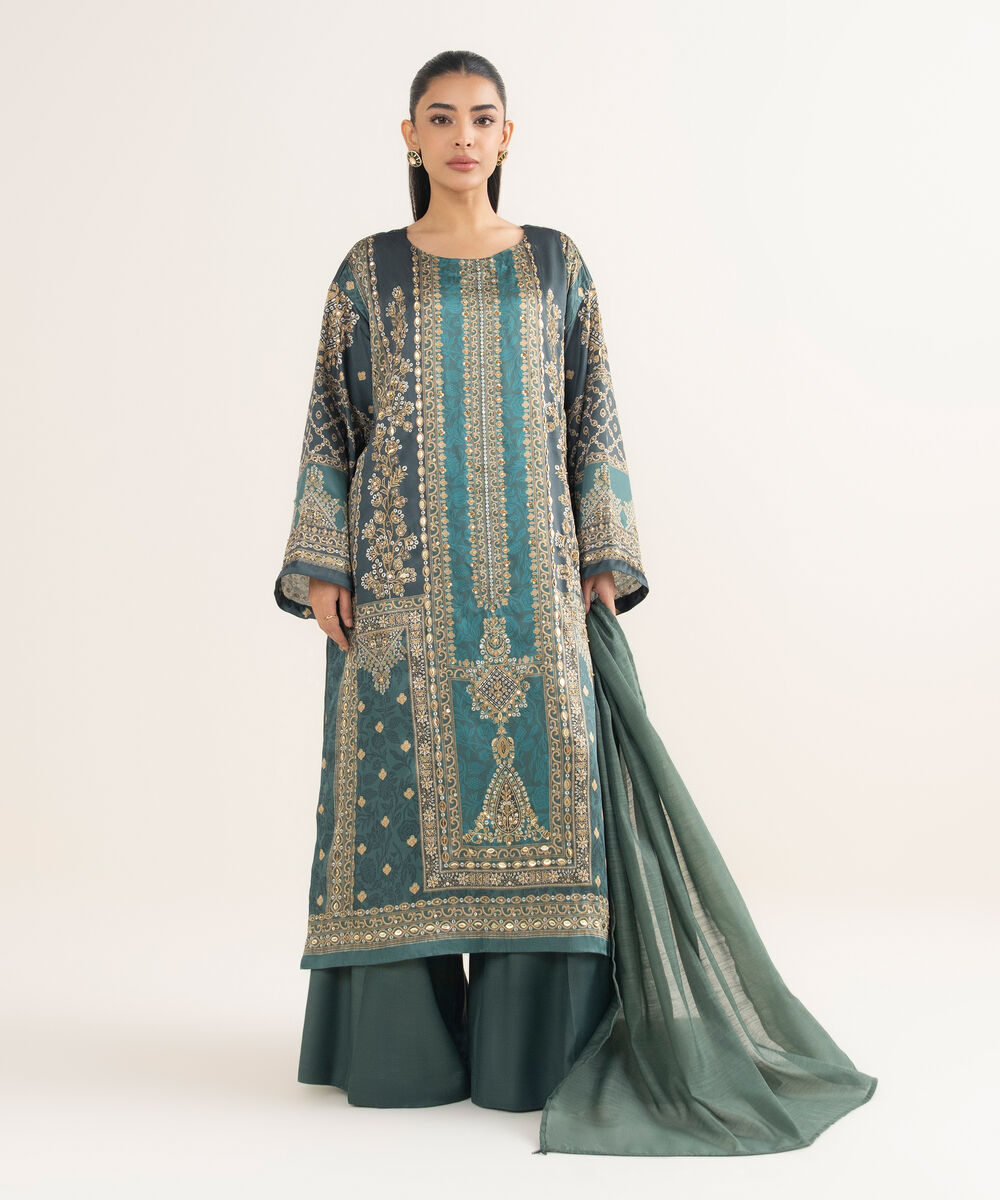 Women's RTW Blended Satin Embroidered Green 3 Piece Suit