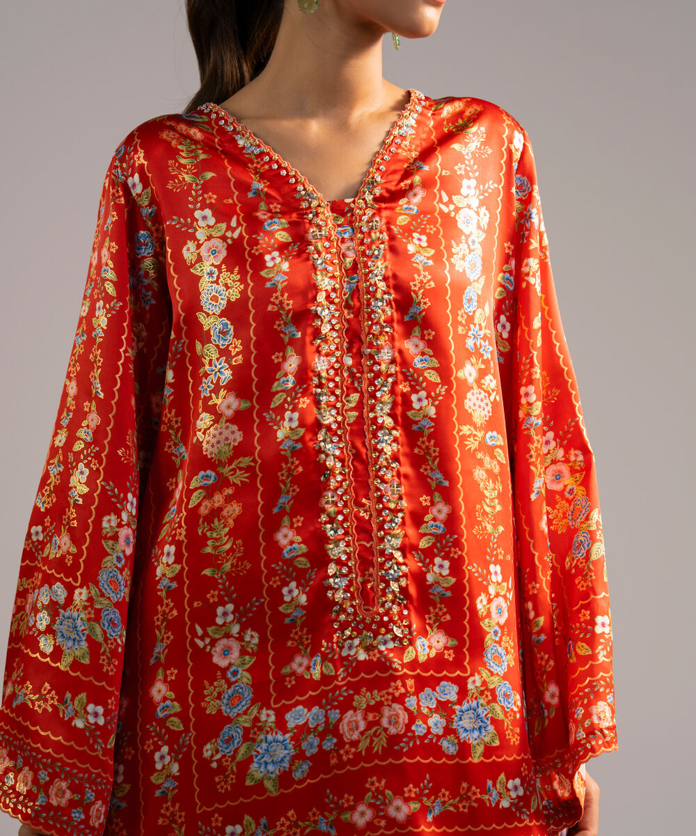 Women's RTW Blended Satin Printed Rust 2 Piece Suit