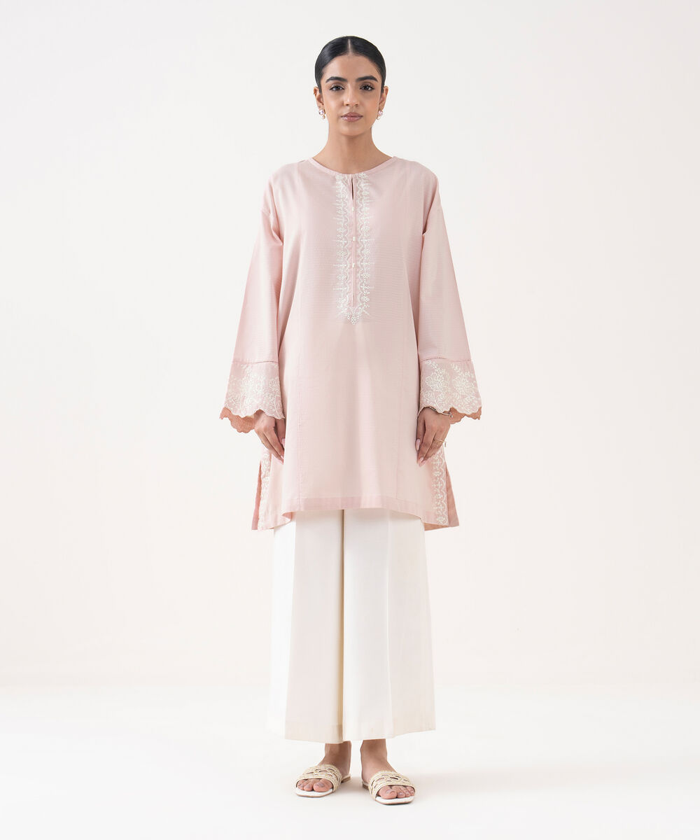 Women's RTW Textured Lawn Pink Embroidered A-Line Shirt
