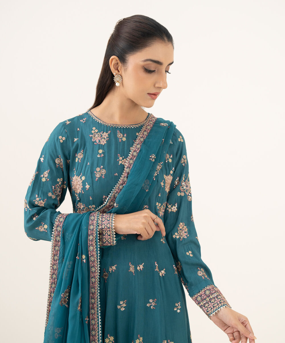 Women's RTW Raw Silk Embroidered Teal 3 Piece Suit