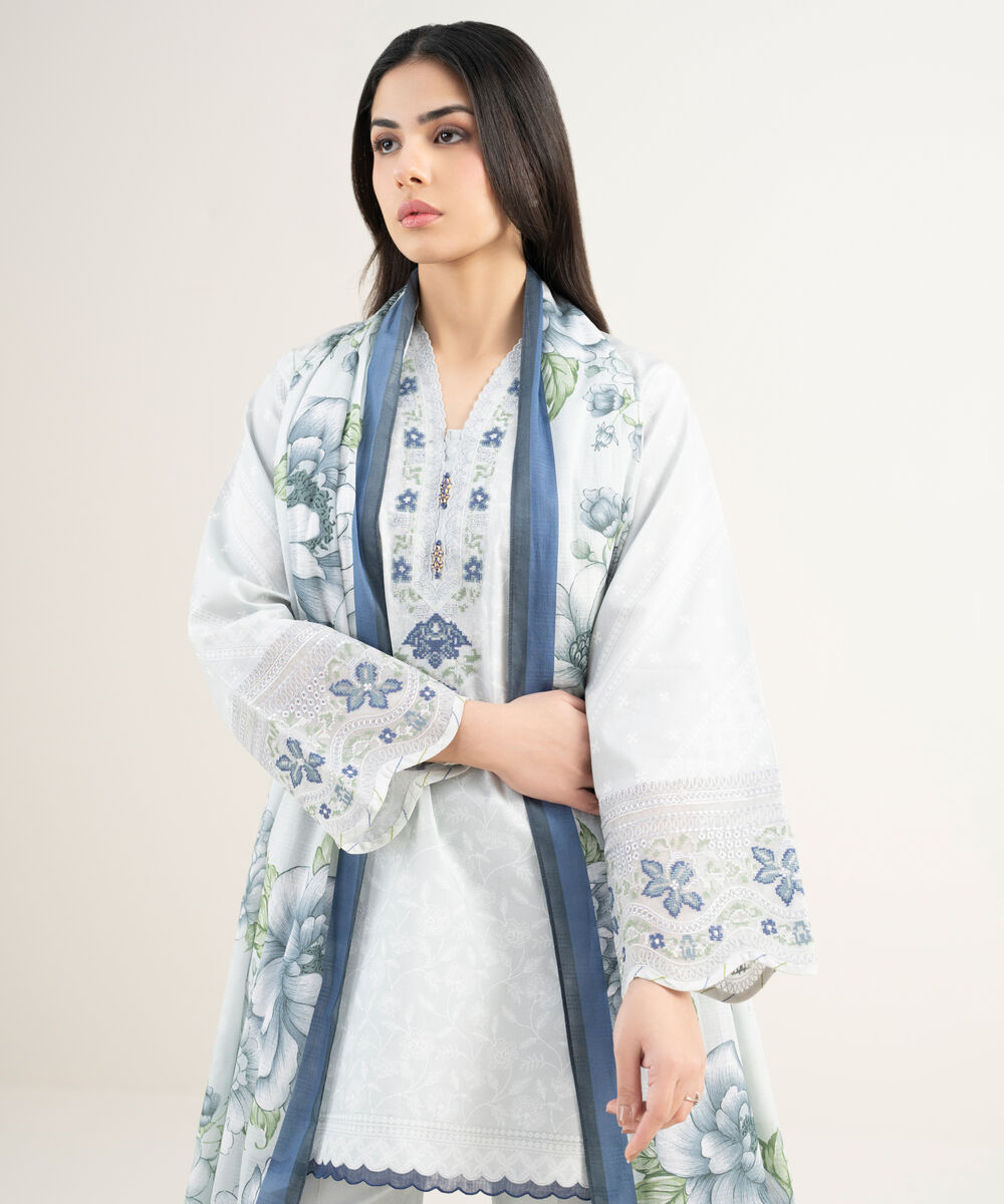 Women's Unstitched Lawn Embroidered Grey 3 Piece Suit