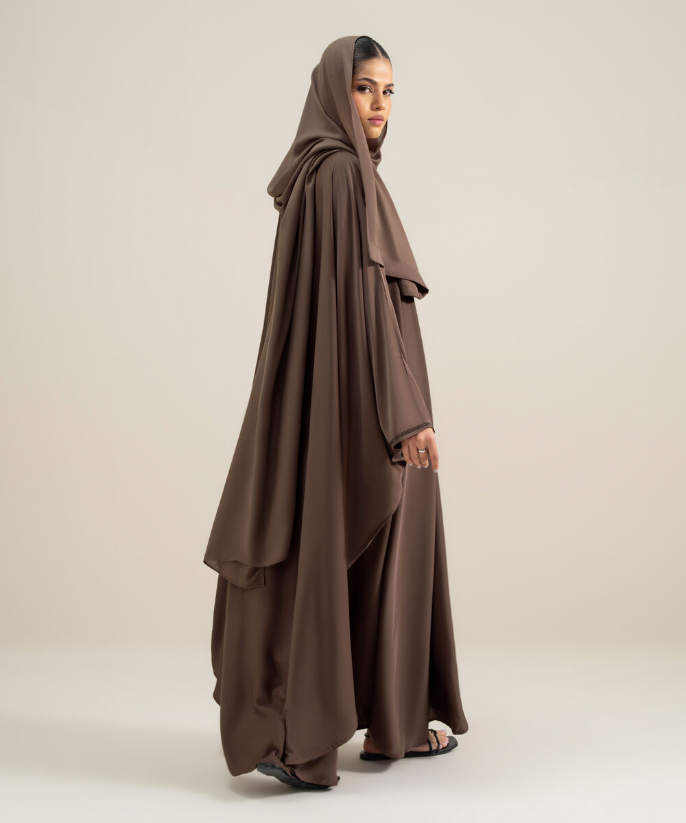 Women's Polyester Brown Embellished Cape Abbaya Set