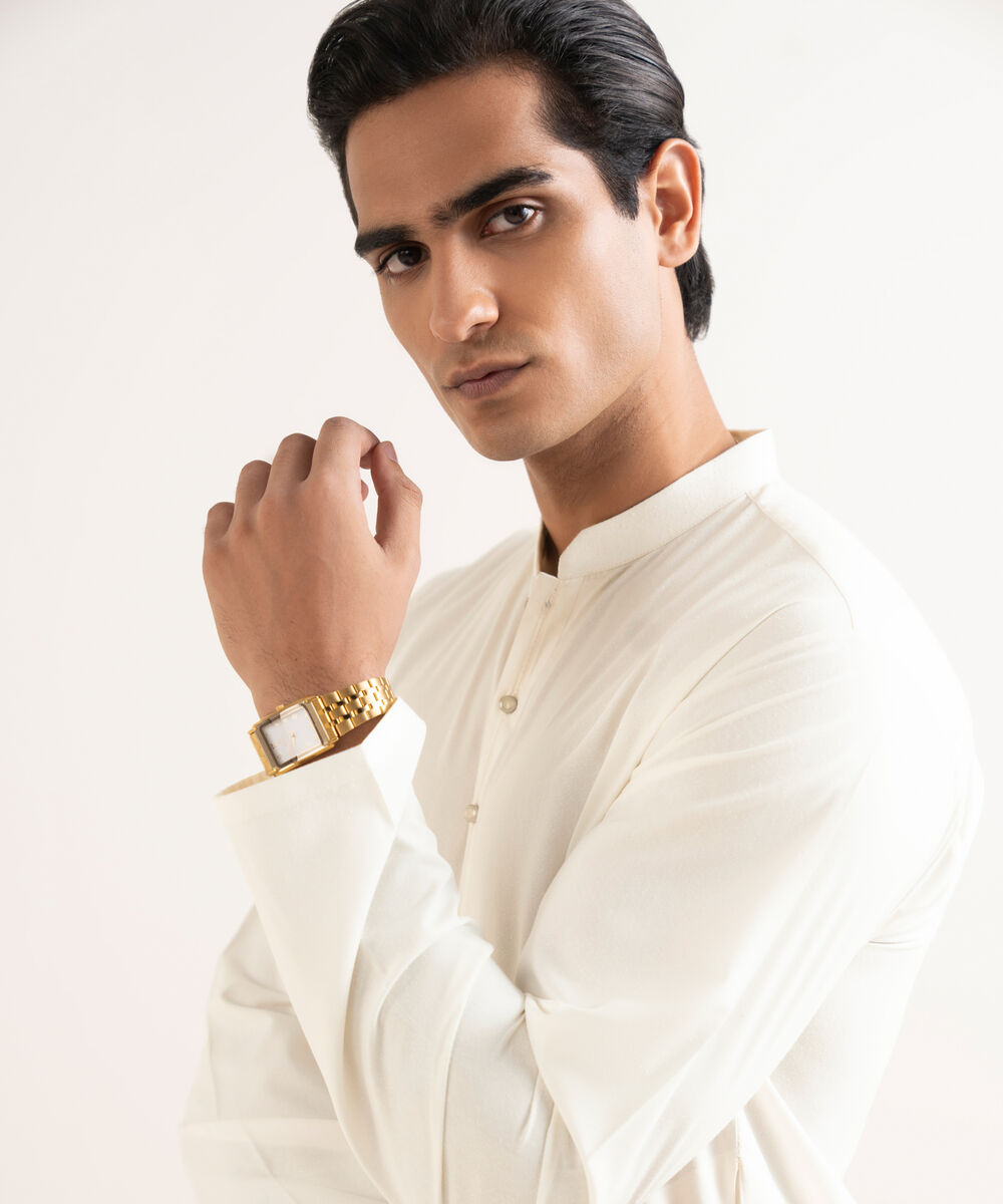 Men's Stitched Textured Wash & Wear Off White Suit