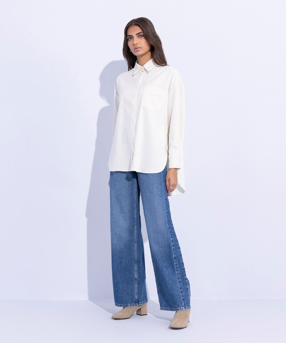 Woman - White Corduroy Oversized Shirt