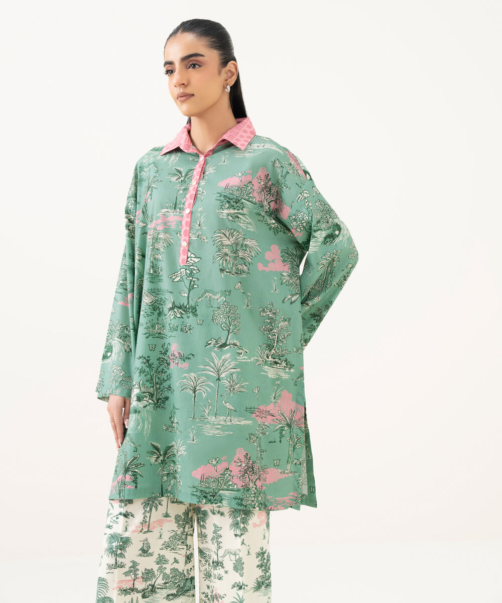 Women's RTW Lawn Printed Green Drop Shoulder Shirt