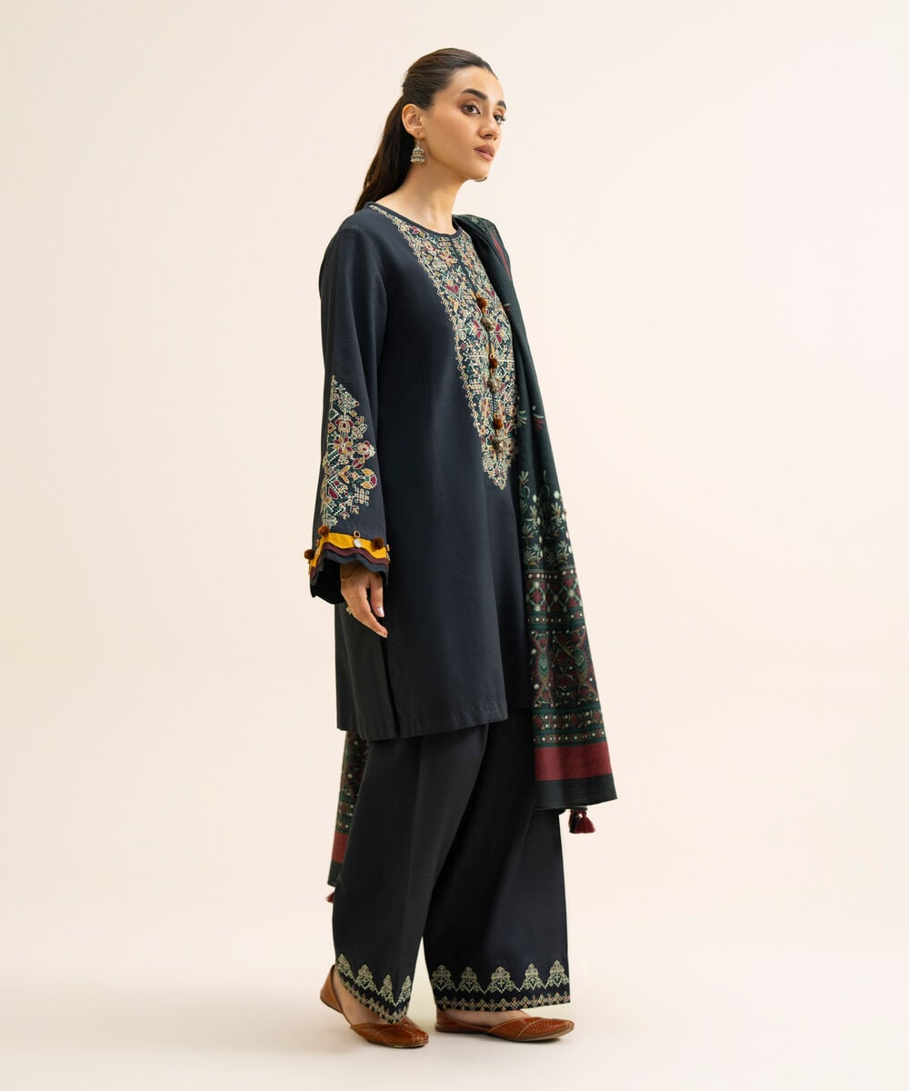 Women's Unstitched Light Khaddar Embroidered Black 3 Piece Suit