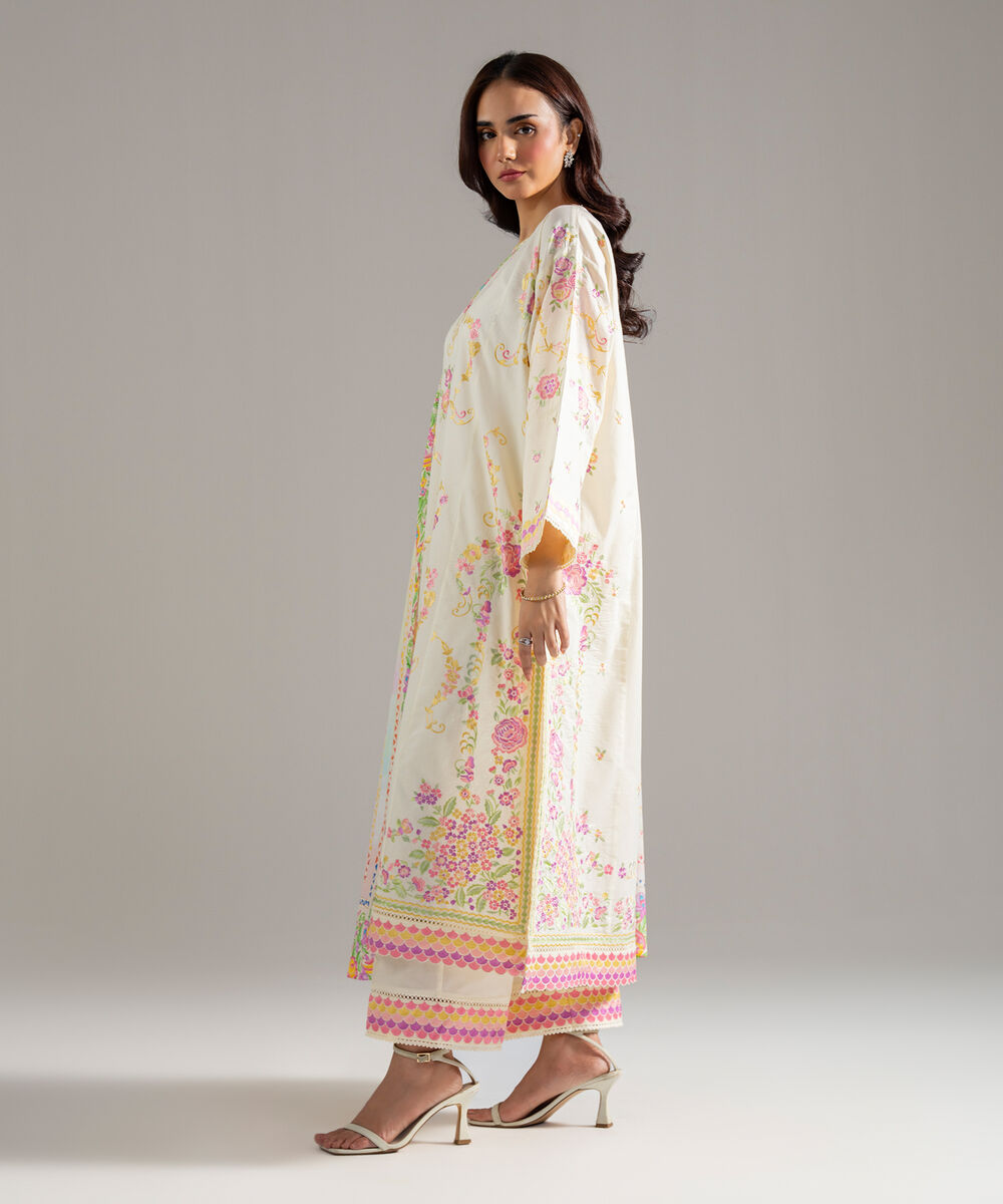 Women's RTW Cambric Solid Embroidered Off White 3 Piece Suit