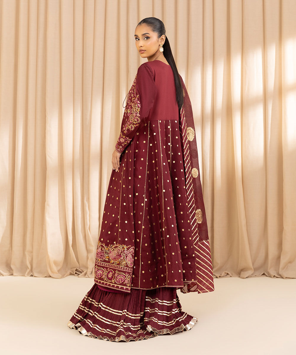 Unstitched Women's Red Viscose Raw Silk 3 Piece Suit