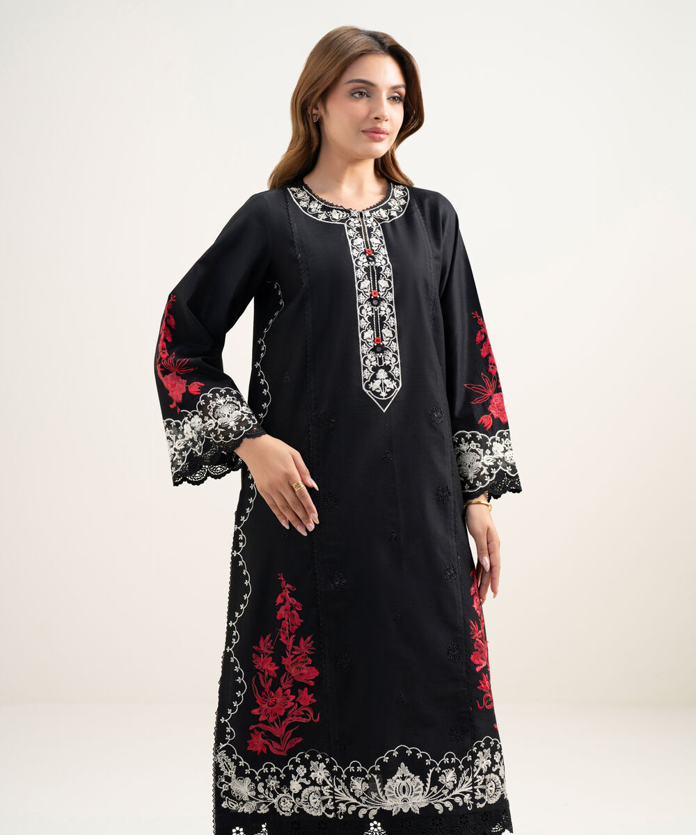 Women's RTW Viscose Thai Silk Embroidered Black 2 Piece Suit