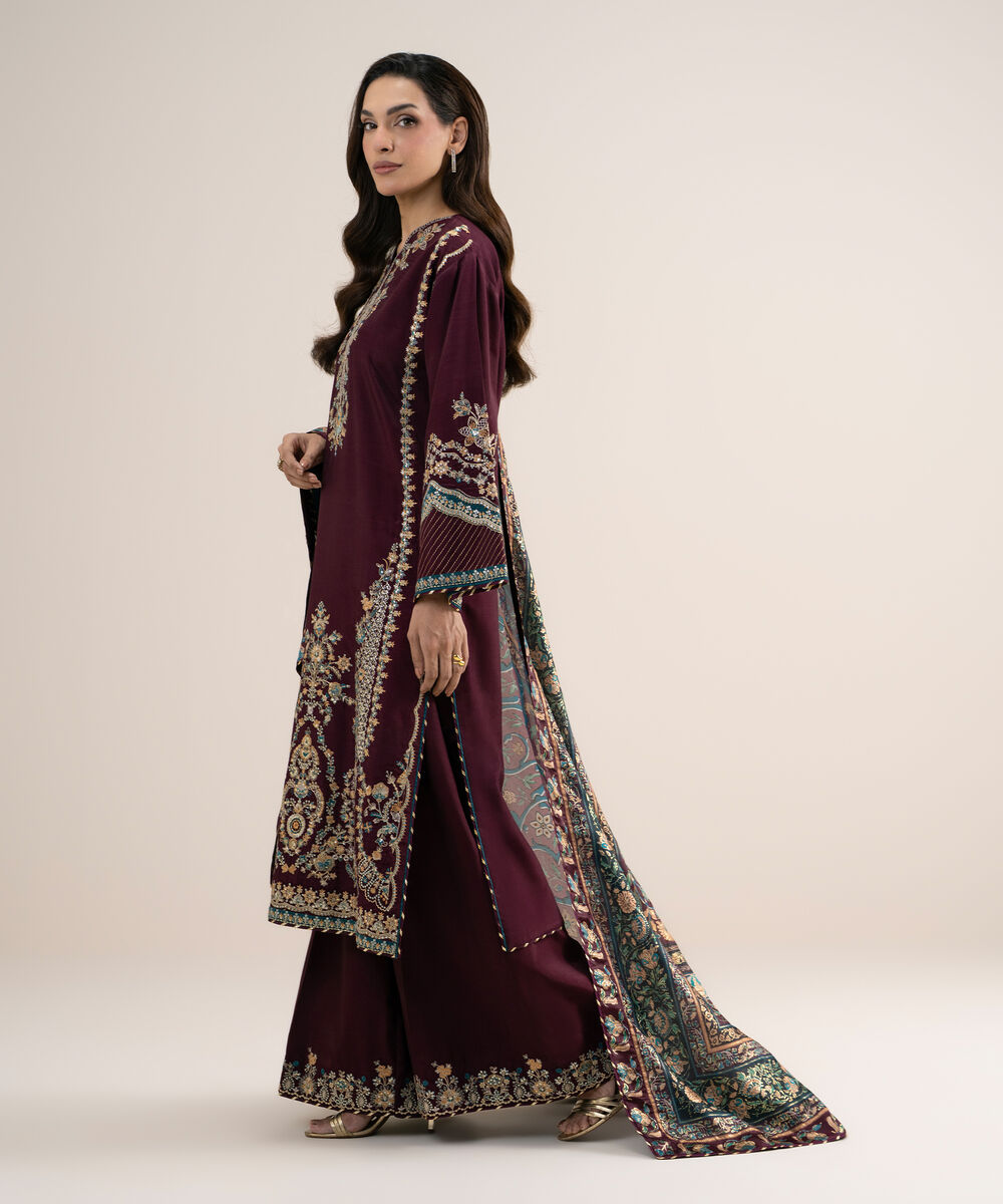 Women's Unstitched Embroidered Blended Raw Silk Maroon 3 Piece Suit
