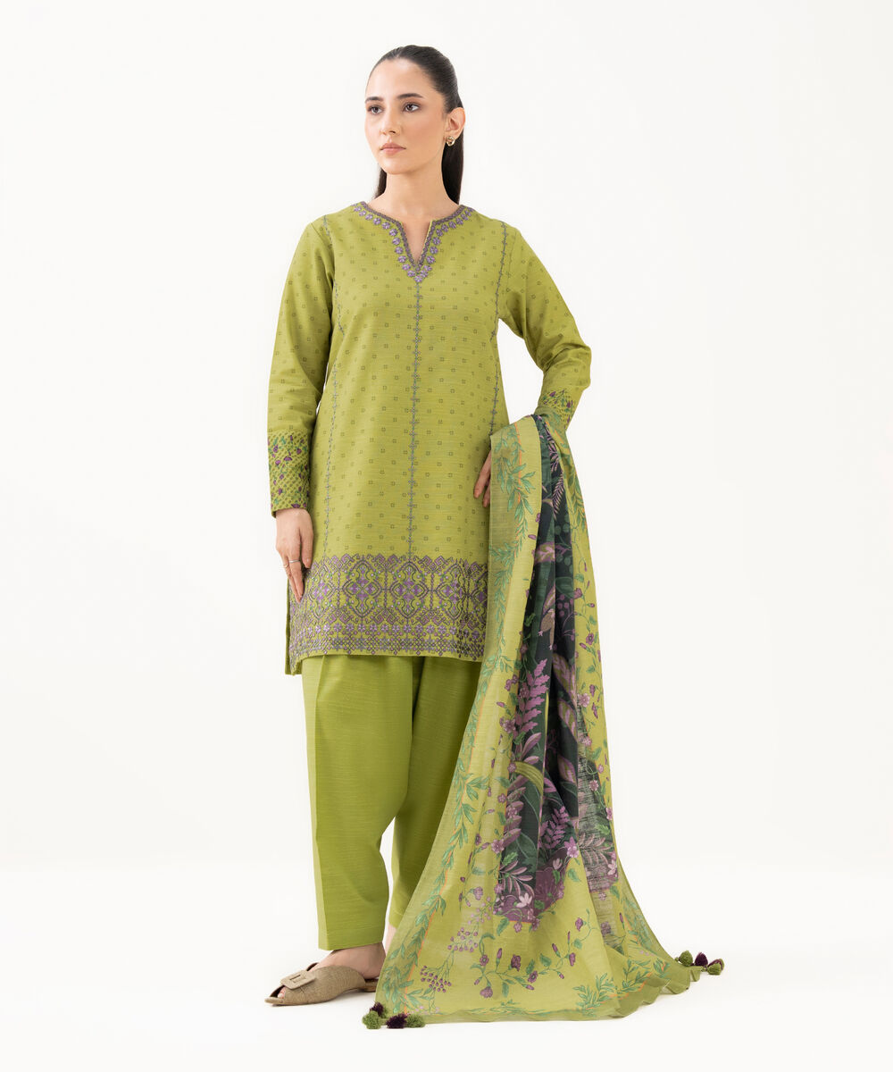 Women's Unstitched Khaddar Embroidered Green 3 Piece Suit